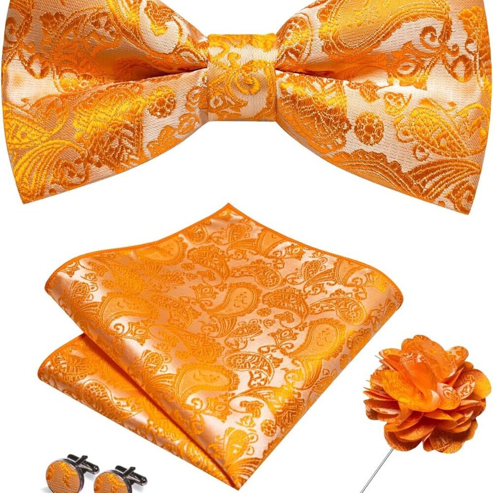 Paisley Pre-tied Bow Tie and Pocket Square Cufflinks Lapel Pin Sets for Men 4PCS